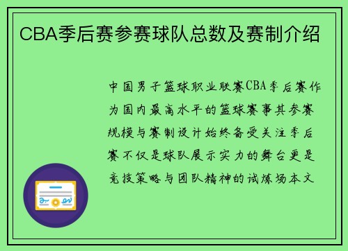 CBA季后赛参赛球队总数及赛制介绍