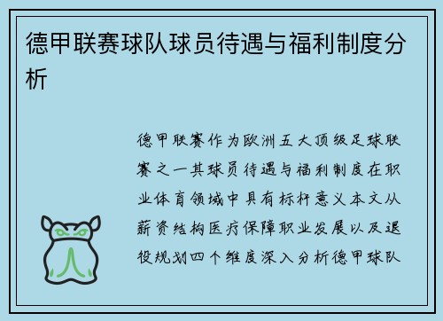 德甲联赛球队球员待遇与福利制度分析